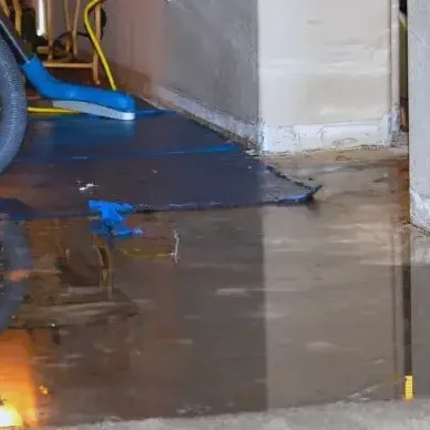 Extraction hose lying in standing water along a wall after a leak