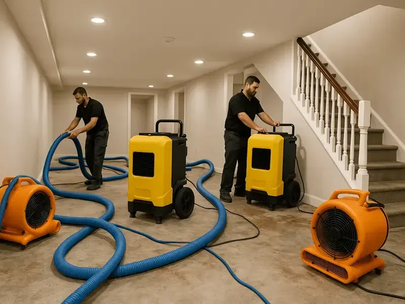 Two restoration technicians setting up air movers, dehumidifiers and extraction hoses in a finished basement at the start of a dry-out