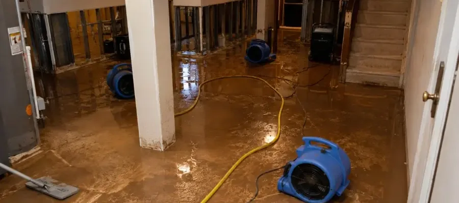 Flooded basement being pumped out and dried