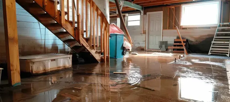 Standing water spread across a basement floor at the foot of the stairs