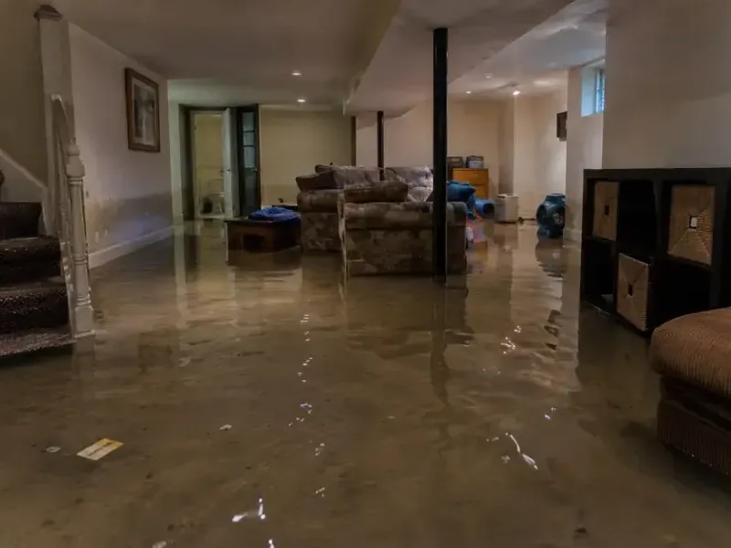 Standing water spread across the living area of a finished basement