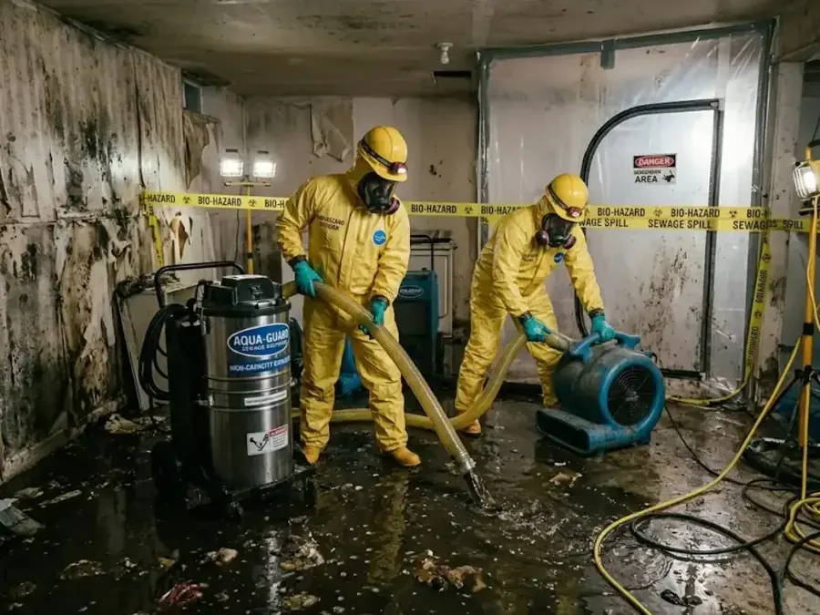 Crew in protective suits and respirators extracting sewage from a contaminated lower level