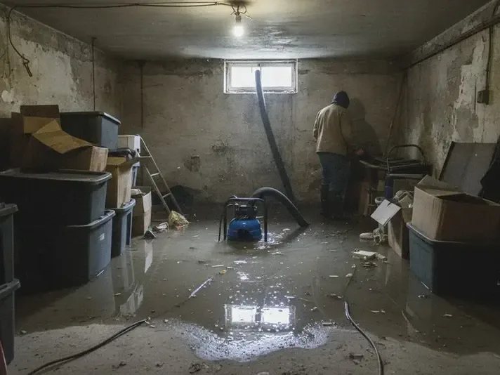 Technician running an extraction wand through a flooded basement storage room